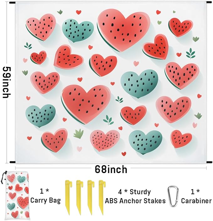 Waterproof Sandproof Beach Blanket 59''×68'' Frui Polyester Outdoor Picnic Blanket with 4 Stakes &amp Storage Bag for BeachCampingVacation Love Watermelon