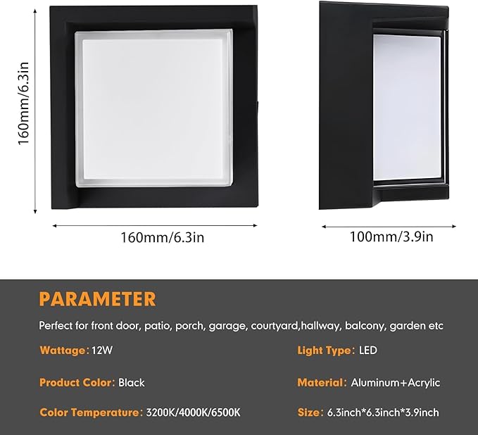Outdoor Wall Lights 2 Pack 6 Inch Modern Square LED Wall Sconces 1200LM 3CCT Selectable (3200K/4000K/6500K) IP65 Waterproof Black Aluminum Exterior Light Fixtures for House Porch Garage