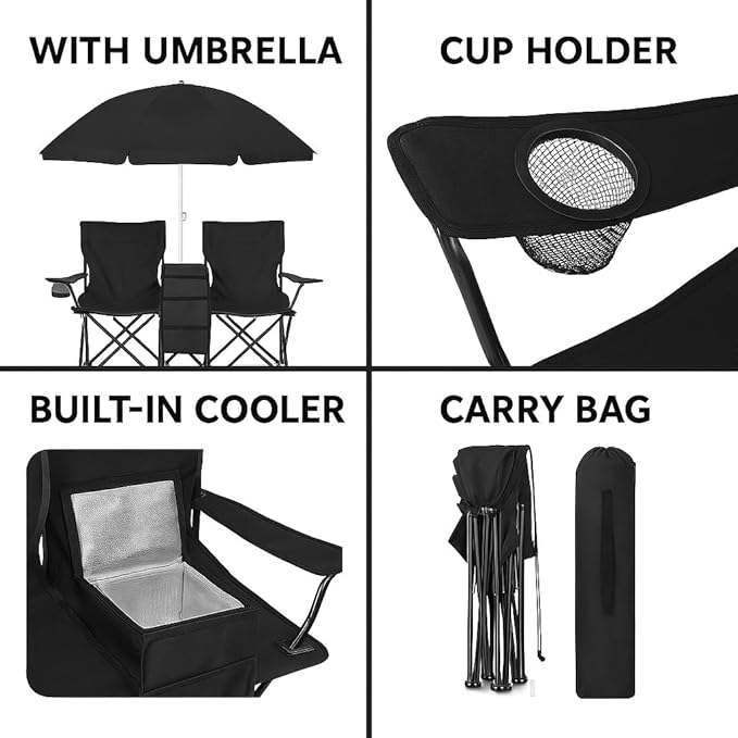 GoTEAM! Portable 2-Seat Folding Camp Chair with Cooler Umbrella &amp Cup Holders – Outdoor Picnic Beach or Tailgate Seating – Carry Case Included