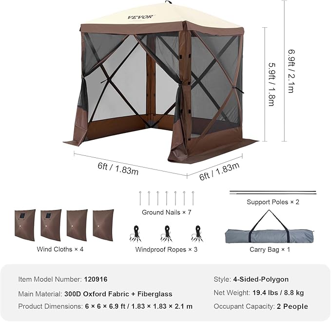 VEVOR Pop Up Gazebo Tent Pop-Up Screen Tent 4 Sided Canopy Sun Shelter with 4 Removable Privacy Wind Cloths &amp Mesh Windows 6x6FT Quick Set Screen Tent with Mosquito Netting Brown