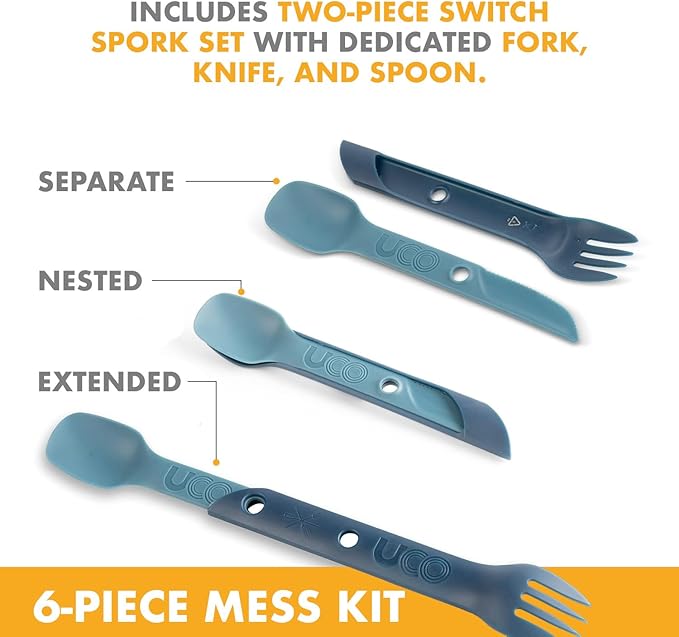 UCO 6-Piece Camping Mess Kit with Bowl Plate Collapsible Cup and Switch Camping Spork