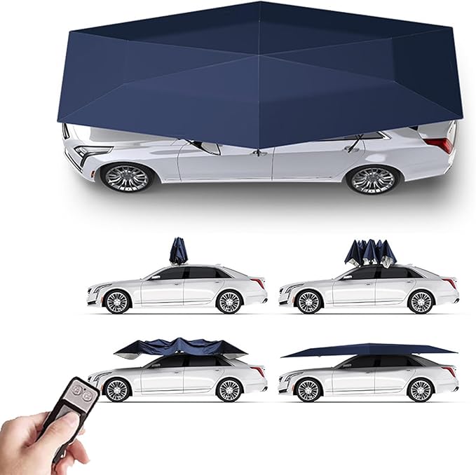 Fully Automatic Car Umbrella Tent Roof Cover Remote Anti-UV Sunshade Portable Folding Universal Movable Carport Car Roof Cover Protection from Hailstones Snow Sun Acid rain Leaves (165.5 inch)