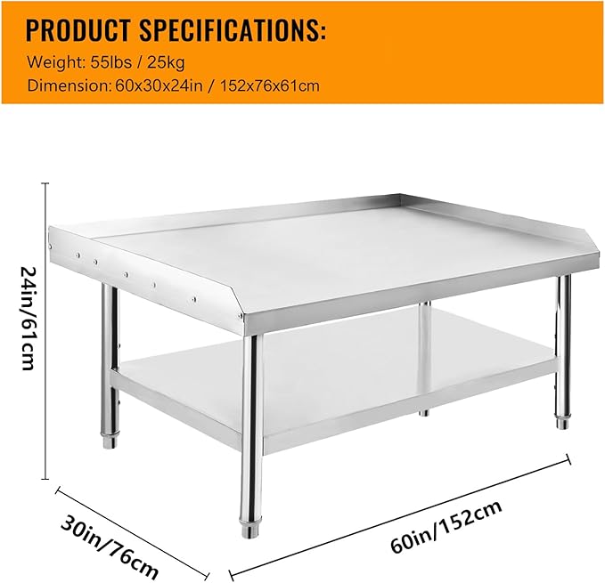 Stainless Steel 60x30x24 inch Equipment Grill Stand Table 660 LBS Top and Bottom Shelf Adjustable Legs 2 inch Edge Baffle for Hotel Home Commercial Restaurant Kitchen