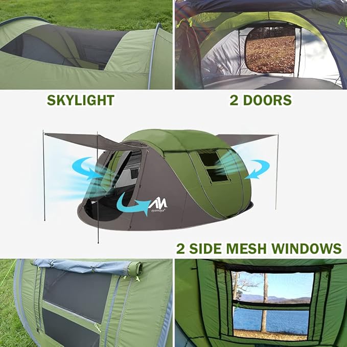 4 Person Pop Up Tents for Camping - AYAMAYA Waterproof Instant Family Tents with Skylight &amp Removable Rainfly Upgraded Large Size with 2 Doors -Automatic Easy Setup Beach Tent with Poles