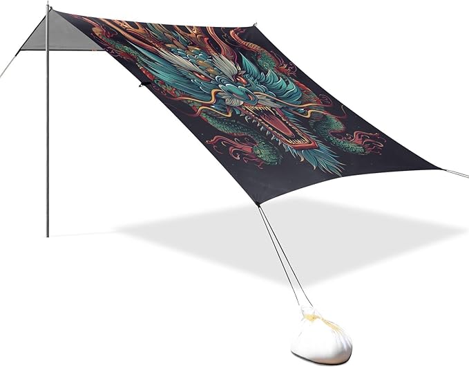 ALAZA Angry Chinese Dragon Beach Tent Sun Shelter UPF50+ Protection Beach Shade Canopy w/ 4 Sandbags for Outdoor Camping Fishing Backyard Fun Picnic 10x9 ft