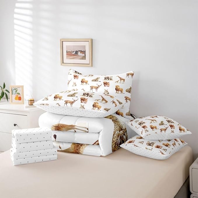 jejeloiu Zoo Animal 7 Piece Bedding Set for Girls Boys Kids Twin Size Cute Giraffe Bed in a Bag Room Decor Cartoon Animal Comforter Set with SheetsPillowcases &amp Cushion Cover White Brown Microfib