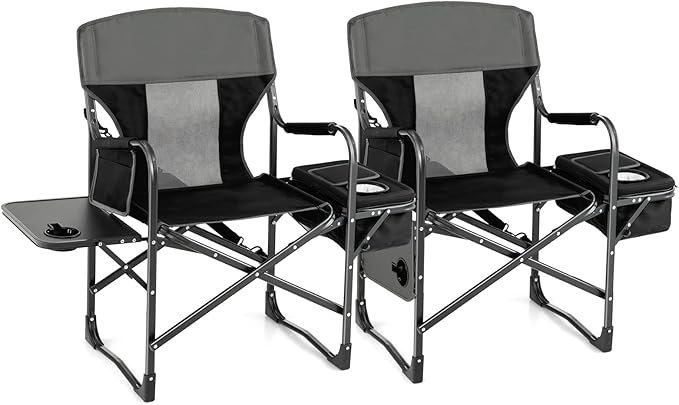 Tangkula Camping Chairs Folding Camp Chair with Side Table Cooler Bag Portable Outside Padded Lawn Chair for Travel Picnic Fishing Heavy Duty Oversized Director Chair for Adults Supports 400lbs
