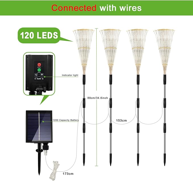Solar Outdoor Warm White Garden Lights 4 Pack Firework With 120 LED Starburst String 8 Modes Fairy With Remote for Wedding Christmas Lawn Backyard Party Patio Decoration