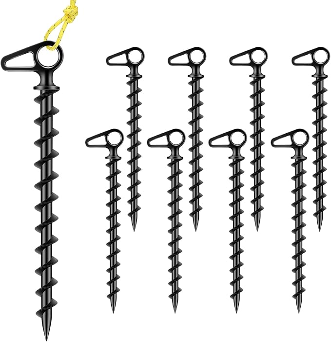 11 Aluminum Screw-in Ground Anchors - Heavy Duty Metal Non-Rust Spiral Tent Stakes for High Wind Grass Sand Camping Canopies Trampolines &amp Outdoor Securing