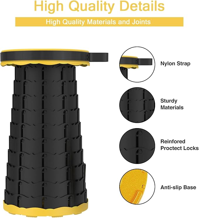 LB Portable Collapsible Retractable Folding Stool Lightweight Telescoping Foldable Camping Stool for Adults for Outdoor Fishing Hiking Gardening Travel BBQ Hunting Indoor Activities (Yellow Black)