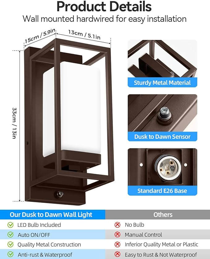 RAYVO Modern Outdoor Wall Light with Dusk to Dawn Sensor Waterproof Exterior Lighting Fixtures with E26 Base 3000K LED Bulb Included Outdoor Sconce Lights for Porch Garage Entryway Bronze 2 Pack