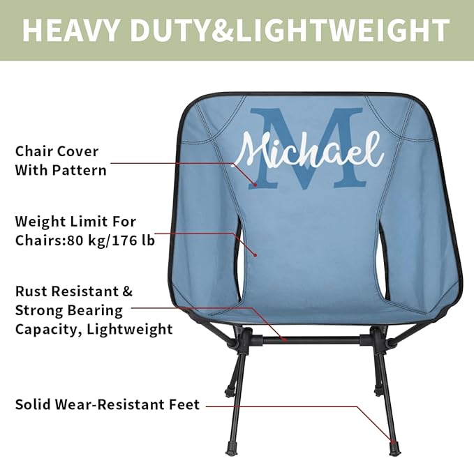 Custom Blue Portable Camping Chair Personalized Backpacking Chair with Name Lightweight Foldable Chairs for Hiking Beach