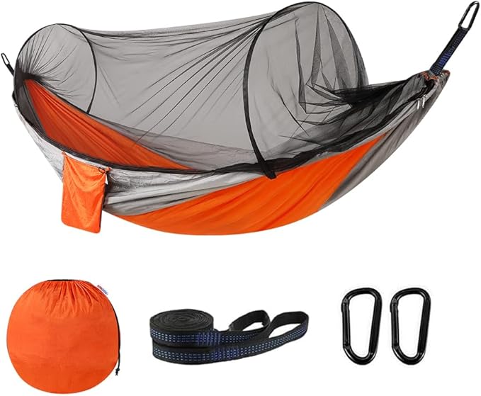 Camping Hammock with Mosquito Net - Double &amp Single Portable Hammocks with 2 Tree Straps Lightweight Hammock Tent for Outdoor Camping Hiking Backpacking Beach &amp Backyard (Orange)