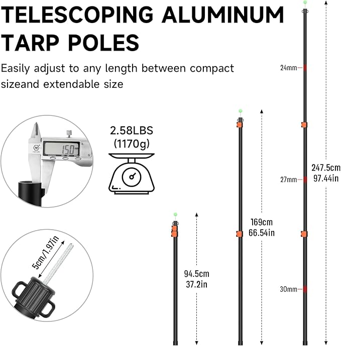 SANLIKE Tarp Poles Heavy Duty Telescoping 97 Adjustable Aviation Aluminum Canopy Rods Lengthen Thicken with Protection Cap Portable Poles for Tent Fly Awning Camping Hiking Set of 2