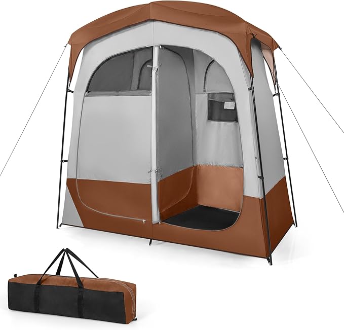 Tangkula Double Room Shower Tent Oversize Space Privacy Tent with Floor Removable Rain Fly Inside Pocket Clothesline Top Hook Portable Outdoor Changing Tent for Dressing Camping Toilet