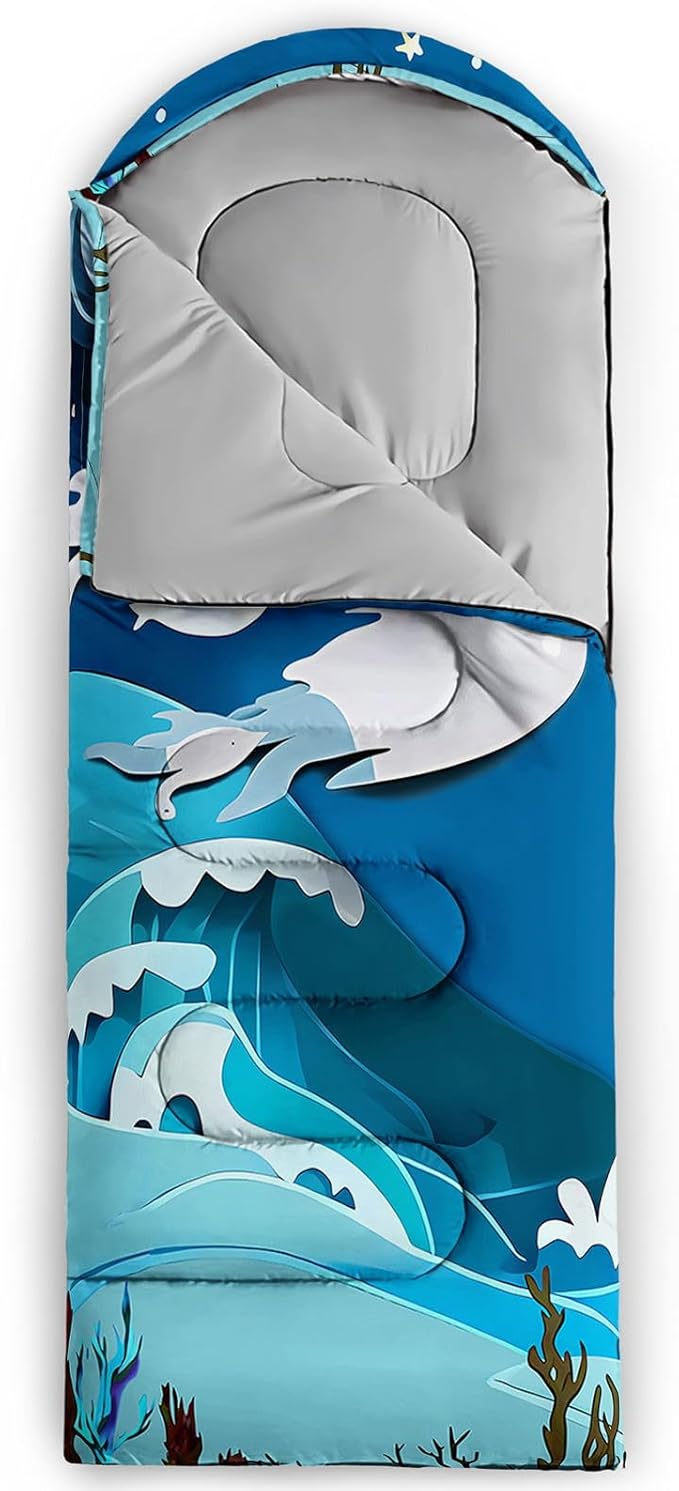 Kids Sleeping Bag for Boys GirlsCartoon Blue Unicorn Print-Lightweight Warm Portable Outdoor Indoor-Waterproof Cold Weather Resistant Sleeping Bag for Camping Hiking