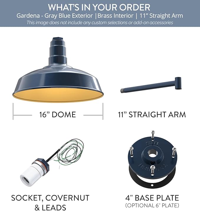 Steel Lighting Co. | Dusk to Dawn | Gardena Barn Light | Outdoor Wall Mounted | 16 Dome | 11 Straight Arm | Farmhouse Light Made in America | Gray Blue/Brass