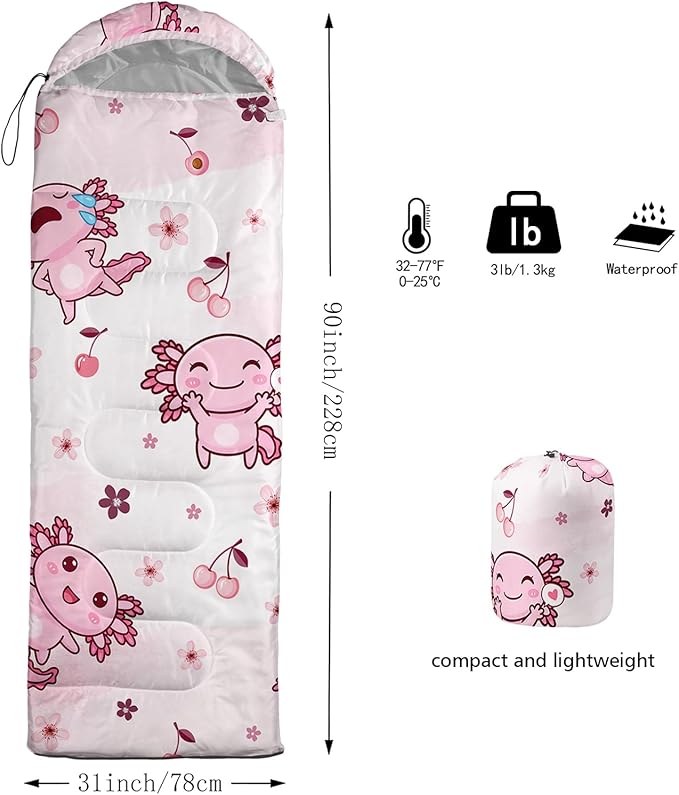 QOOMO Axolotl Cute Camping Sleeping Bags3 Season Warm &amp Cool WeatherLightweightWaterproof Sleeping Bags for Adults &amp KidsTravelingand Outdoors