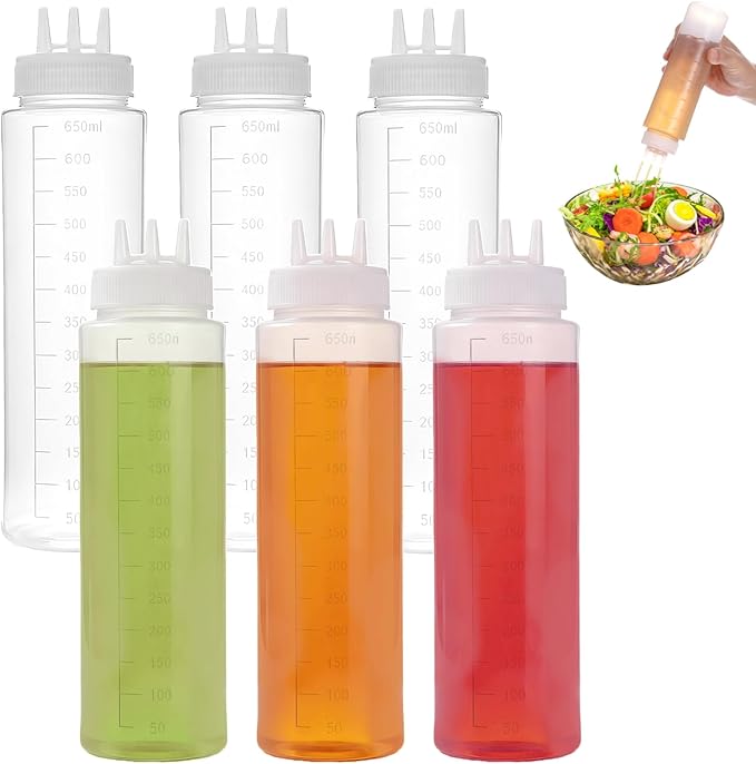 Sauce Bottle Squeeze 6-Pack 24 Oz 3 Hole Tri-Cone Nozzle Clear Dispensing Plastic Bottles For Ketchup Syrup Honey Includes Scale