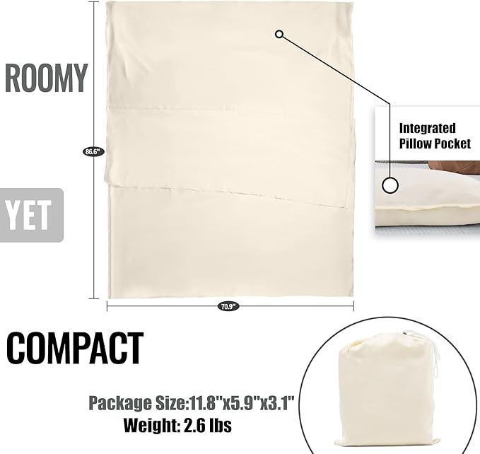 Sleeping Bag LinerLong Staple Cotton Adult Sleep Sack &amp Travel SheetsTravel Sleep Sack for Backpacking Hotels &amp Hostels Lightweight Travel Sheet Camping SheetsHas Full Length Zipper
