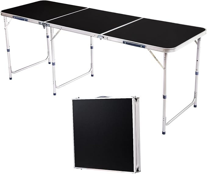 Folding Camping Table6FT Aluminum Folding Picnic Table with 3 Adjustable HeightHeavy Duty 3 Fold Utility TableIndoor Outdoor Portable Lightweight Beach Accessories with Carrying Handle (Black)