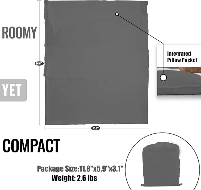 Sleeping Bag LinerLong Staple Cotton Adult Sleep Sack &amp Travel SheetsTravel Sleep Sack for Backpacking Hotels &amp Hostels Lightweight Travel Sheet Camping SheetsHas Full Length Zipper