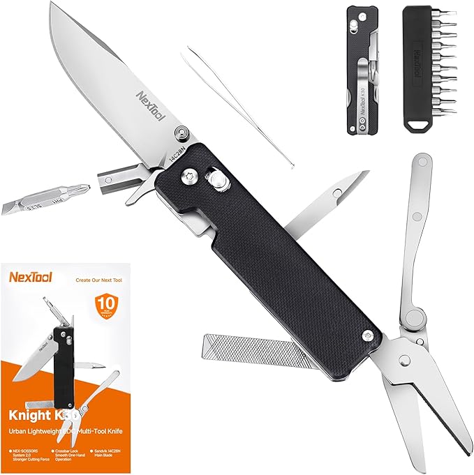NexTool Knight K30 Multitool11-in-1 Pocket Knife Multi tool with Axis LockSerrated ScissorsTweezersAwl4mm 10-in-1 Bit Set for DIY、Repairs、Gifts