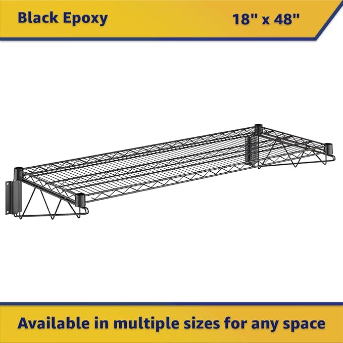 18 x 48 Wire Black Epoxy Wall Mount Shelf Commercial Fixed Wall Mount Rack NSF Metal Floating Shelving for Kitchen Stock Rooms Home and Hotel