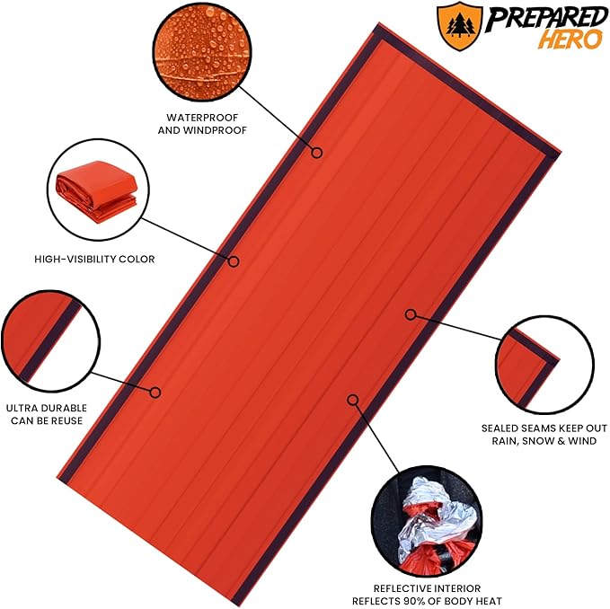Prepared Hero Survival Bag - Emergency Sleeping Bag Thermal Bivy Sack for Camping Hiking Outdoor. Lightweight Portable Survival Shelter