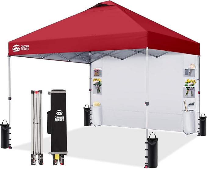 CROWN SHADES Canopy Tent 10x10 Pop Up Canopy Outdoor Shade with Pockets Sidewall Easy Up Sun Shelter with One Person Set Up Center Lock Portable Instant Camping Beach Canopy Tents Red