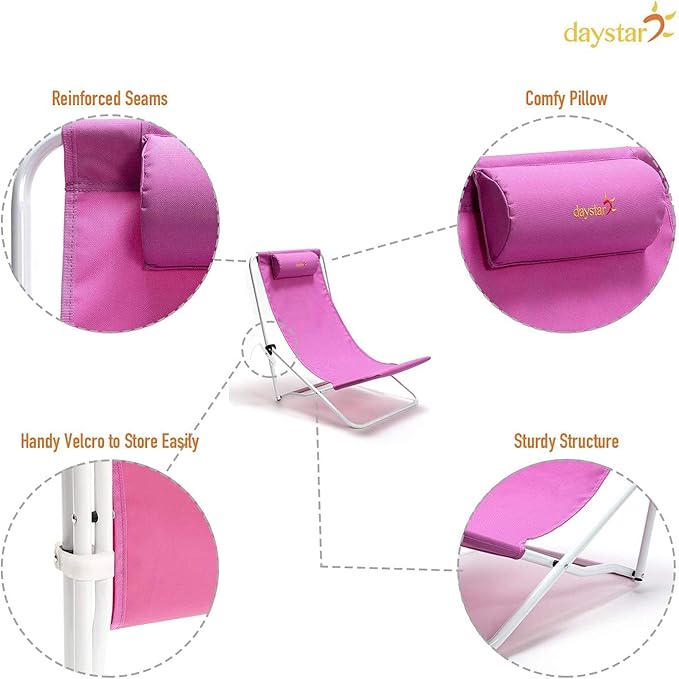 SUNNYFEEL Folding Low Beach Chair High Back Lightweight Portable Sand Chair with Pillow for Adults Heavy Duty 300 LBS Easy-to-Use Foldable Camping Chairs for Camp/Lawn/Outdoor/Travel/Picnic