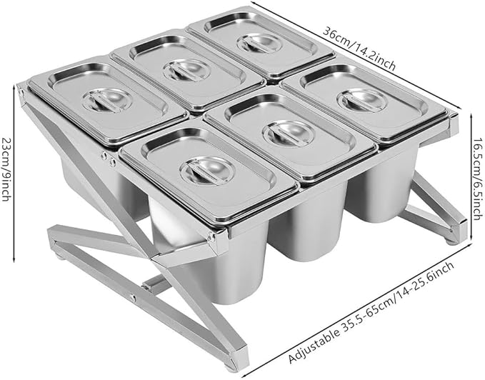 Expandable Spice Rack 6 Pans Commercial Stainless Steel Organizer Shelf with Lids and Six 1/9 Pans for Sauce Ingredients Fruits