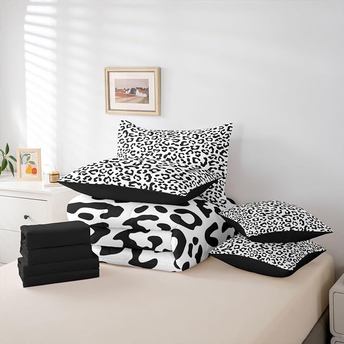 jejeloiu Black Leopard Comforter Set with SheetsPillowcases &amp Cushion Cover Kids Animal Print 7 Piece Bedding Set Twin Size Safari Bed in a Bag for Women Men Room Decor Microfiber Cheetah