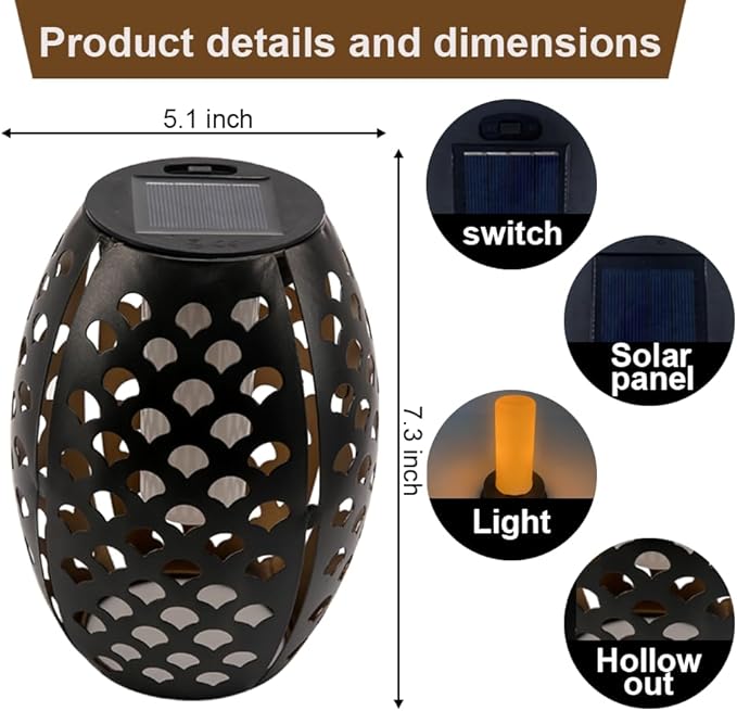 2PCS Solar Table Lanterns with Flickering Flame Light Outdoor Waterproof Metal Desktop Decorative Lamp with Hollow Design for Tabletop Garden 7.3 H Black Shell