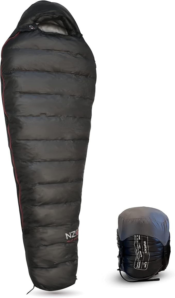 NEAR ZERO 18°F 850+ Power Down Fill Mummy Sleeping Bag for Adults | Ultralight All Season Backpacking Sleeping Bag for Hiking &amp Camping | 10D 470T Nylon Taffeta