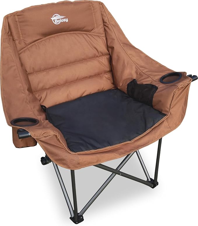 Oversized Camping Chairs for Adults Heavy Duty Padded Outdoor Folding Lawn Chair XL Camp Chair for Outside Sports Beach Fishing Garden Supports 500lbs Brown