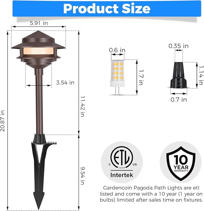 Gardencoin Pagoda Low Voltage Landscape Pathway Lights 12V Outdoor LED Path Lights Wired Aluminum Walkway Lighting with 4W 2700K Replaceable G4 Bulb Bronze Classic 2-Tier Lantern 6 Pack