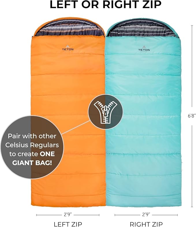 Teton Celsius Regular 25F 20F 0F Degree Sleeping Bags All Weather Bag for Adults and Kids Camping Made Easy and Warm Travel Sack Included