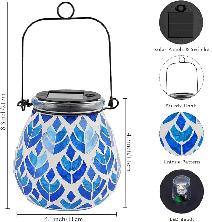 Stargarden 4 Pack Mosaic Solar Lanterns Blue Glass Hanging Lantern Waterproof Outdoor Hanging Solar Lights Table Lamp for Garden PatioYard Decor