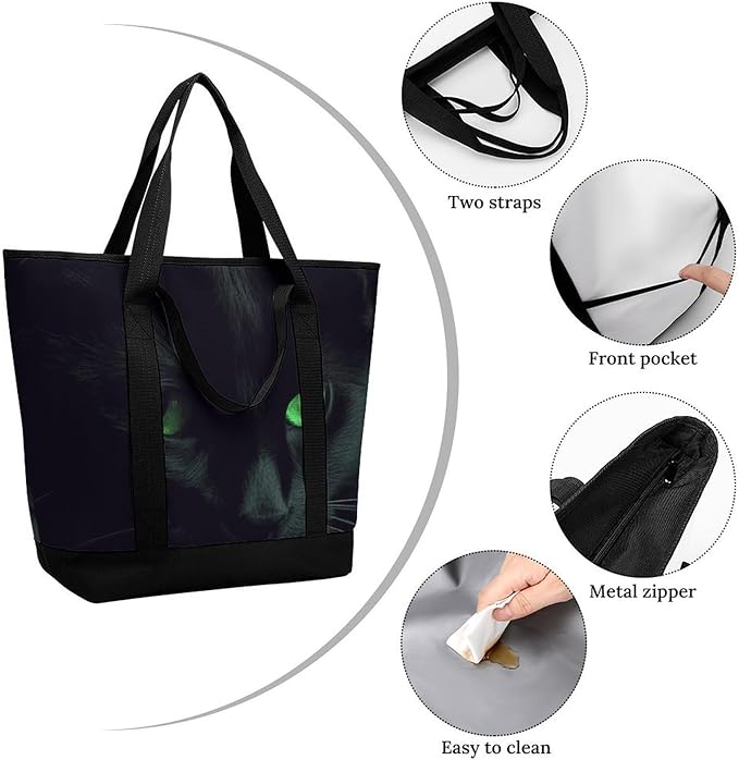 Insulated Shopping BagLarge Reusable Cooler Bags Black Cat Green Eyes Printed Foldable Shopping BagTravel Waterproof Shoulder Bag