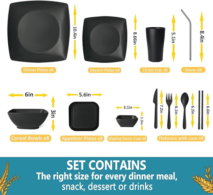 Teivio 88-piece With Flatware Plastic Kitchen Wheat Straw Square Dinnerware Set for 8 Unbreakable Dinner/Salad/Appetizer Plates Snack Bowls Dipping Sauce CupsTumblers Dishwasher Safe DishBlack ﻿