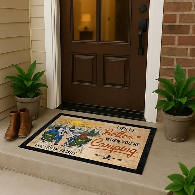 Personalized Camping Entry Doormat with Custom Family Name – “Life is Better When You’re Camping” RV Floor Mat for Trailer Cabin or Motorhome Doorway – Gift Idea for Outdoor Travel Lovers