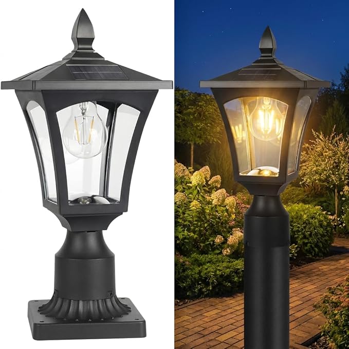 Outdoor Solar Lamp Post Light with Glass Shade &amp Pier Mount Base IP45 Waterproof Dusk to Dawn Solar Post Lantern Warm White for Garden Yard Fence Deck &amp Holiday Décor