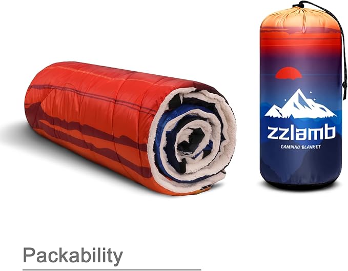 zzlamb Outdoor Camping Blanket with Sherpa LiningPuffy Thick Camp Quilt for SleepingPackable Warm Wearable Fleece Blankets for Cold WeatherTravelingBackpackingPicnicsBeachStadium 52x75in