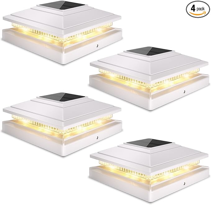 Post Cap Lights Outdoor 4pack Waterproof Fence Post Solar Lights for 4x4 5x5 6x6 Wood/Vinyl Posts White Solar Deck Post Lights with 2 Color Modes Decorate Garden Patio Porch Backyard