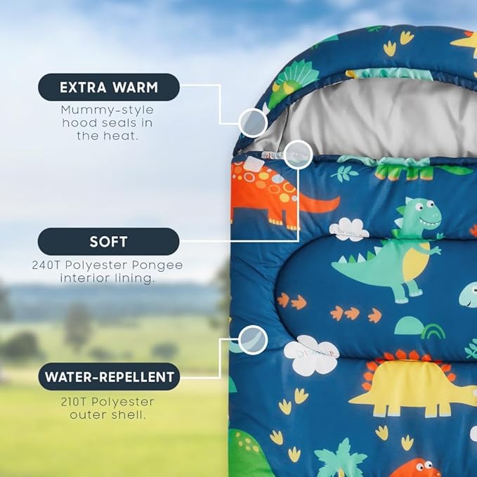 Wake In Cloud - Kids Sleeping Bag for Boys Toddlers Camping in Warm Cold Weather Backpacking Lightweight Compact Outdoor Liner for 3 Seasons Cartoon Jurassic Dinosaur