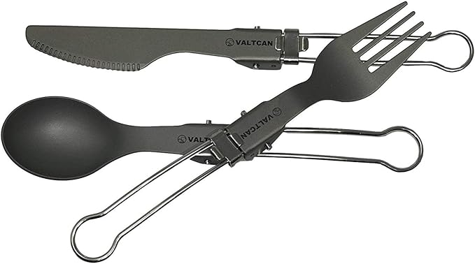 Valtcan Titanium Folding Utensil Set 3 Piece Fork Knife Spoon - 58g Ultralight Locking Hinge Full-Size When Open Pocket-Size When Folded Zero Metallic Taste Grade 1 Ti Carry Pouch Camping EDC