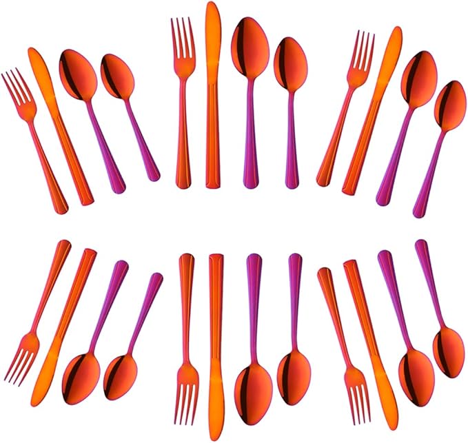 Buyer Star 24-Piece Rainbow Red Silverware Flatware Set Stainless Steel Travel Eating Utensil for Picnic Camping Service for 6 Dishwasher Safe