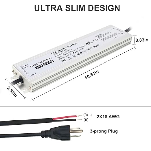 24V DC Power Supply 200W - Ultra Slim LED Driver Low Voltage Transformer with 3-Prong Plug &amp 3.3ft Cable IP67 Waterproof for LED Strip Lights Outdoor Lighting