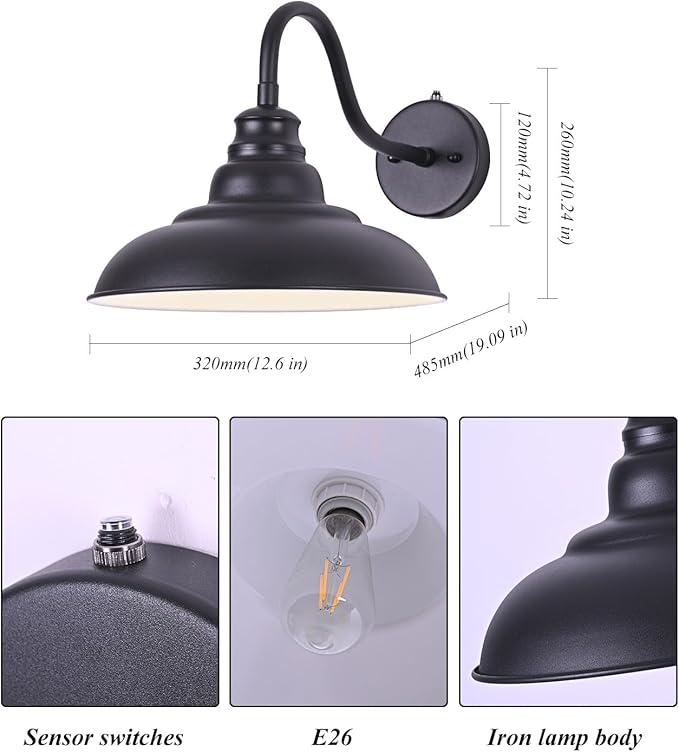 Outdoor Gooseneck Barn Light12 Inch Dusk to Dawn Exterior Barn Lights Farmhouse Black Exterior Lights Fixture Wall Mount Outdoor Wall Sconce for Garage Porch Patio